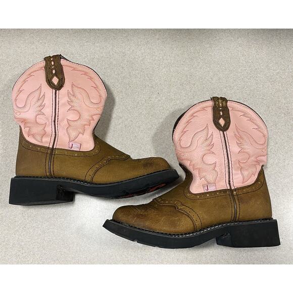 Justin Pink Gypsy Cowboy Western Boots Women's Sz 7.5 B Brown Leather L9901 - Picture 5 of 10
